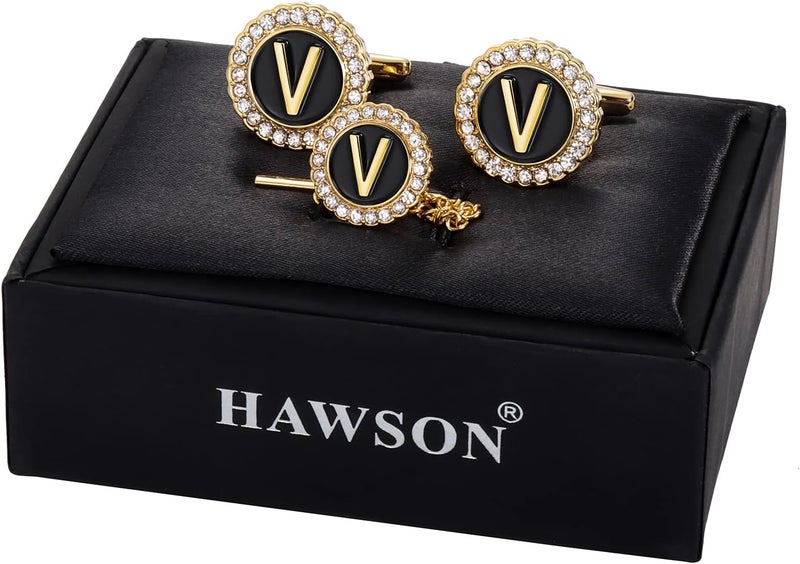 HAWSON Gold Cufflinks and Tie Tack for Men, Gold Cufflinks Crystal with Lapel Pins for Men's Women Set, Tie Tack with Chain on Tie Wedding Business Accessories - Image 2